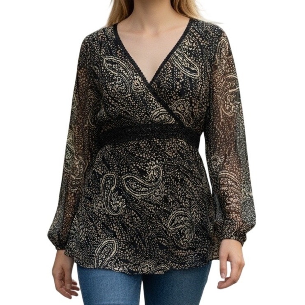 ICE Y2K Silk Babydoll Top Womens L Black Abstract Paisley Lined Whimsigoth Boho‎
